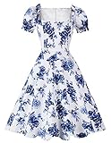 Hanpceirs Women's Puff Short Sleeve 1950s Party Dresses Square Neck Aline Dress with Pockets Porcelain L