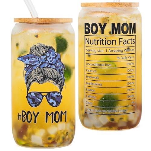 DECZHIYU Gifts for Boy Mom - Birthday Christmas Mothers Day Gifts for Mom from Son - Valentines Day Anniversary Moms Gift for Her - 16oz Glass Cup Mother Gift for Best Mama from Son
