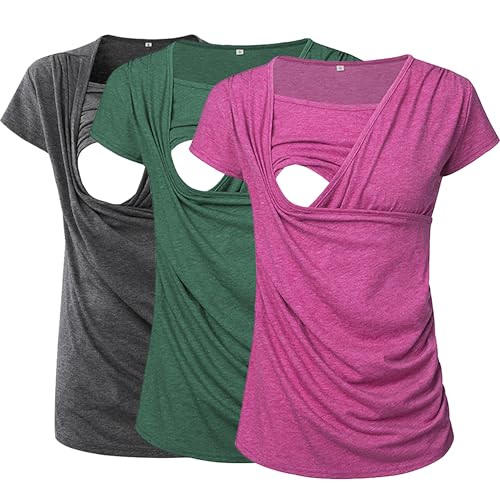 Image of Ecavus 3PCS Women's Maternity Nursing Tops for Breastfeeding Short Sleeve Side Ruched Nursing Shirts