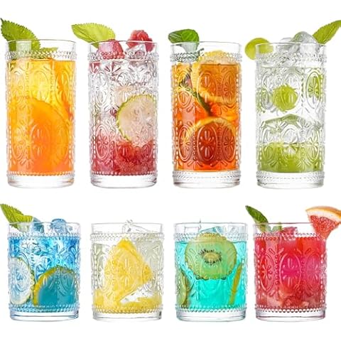 wookgreat Vintage Drinking Glasses, Set of 8 Hand-Made Glass Cups-4 Highball Glasses 15oz & 4 Rocks Glasses 13oz, Mojito Cups, Cocktail Glass, Bar Glassware Set for Cocktail, beer, Whiskey Cover