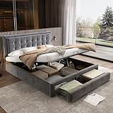 Rtopsu Letto Imbottito Letto Matrimoniale 160x200 cm, Letti con Contenitore e Cassetti, Struttura del Letti con Rete a Doghe in Legno e Telaio Idraulico in Metallo, Velluto, Grigio, Senza Materasso