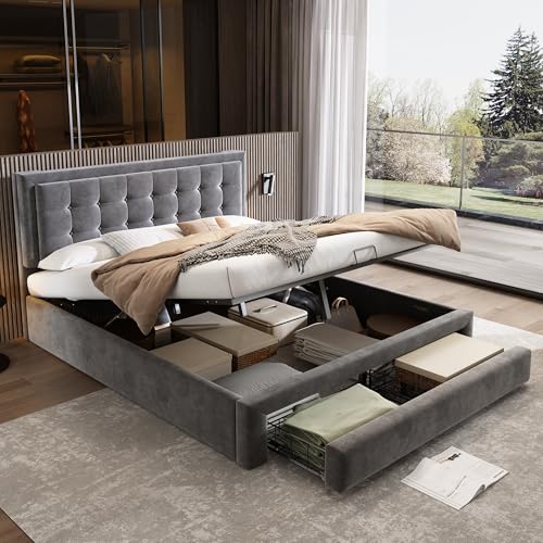 Rtopsu Letto Imbottito Letto Matrimoniale 160x200 cm, Letti con Contenitore e Cassetti, Struttura del Letti con Rete a Doghe in Legno e Telaio Idraulico in Metallo, Velluto, Grigio, Senza Materasso