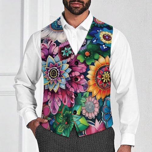 Boho Floral Colorful Flowers Men's Suit Vest Waistcoat Vests Formal Dress with 2 Pockets for Business Casual Tuxedo2