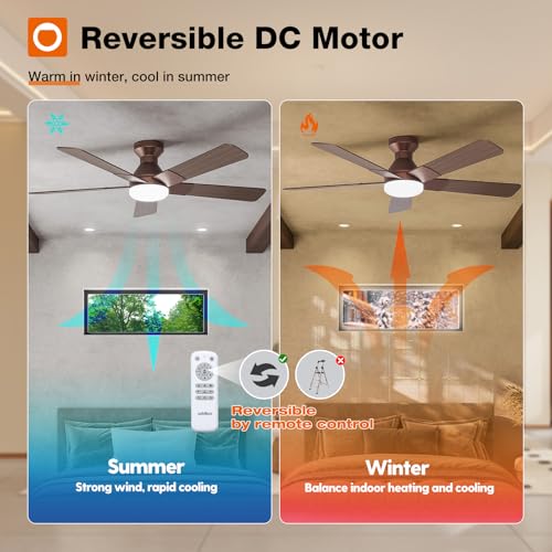 Image of addlon Ceiling Fans with Lights, 52 Inch Low Profile Ceiling Fan with Light and Remote Control, Flush Mount, Reversible, 3CCT, Dimmable, Quiet, Brown Ceiling Fan for Bedroom Indoor /Outdoor Use