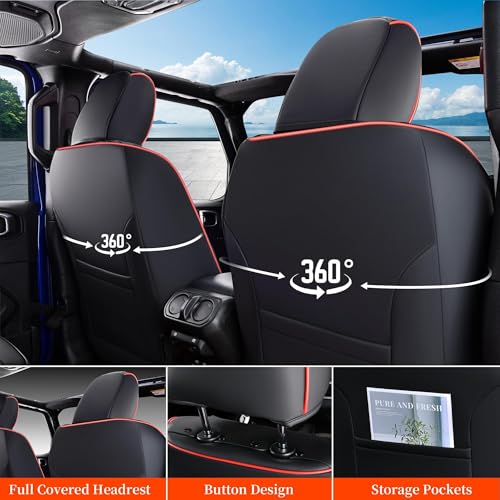 Image of Coverado Seat Covers Full Set for Jeep Wrangler, Waterproof Car Seat Protector for Automotive Truck Seat Custions Custom Fit for 2013-2017 Jeep Wrangler JK Seat Covers for Cars 4 Door(Red Line)