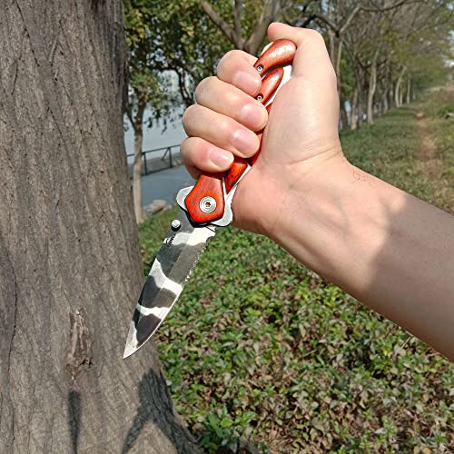 Gajing Folding Knife Equited With Camo Serrated Spear Point Blade And Thumbstud, Comfortable Non Slip Grip Is Decorated With Multi Piece Wood, Liner-Lock Knife For Fishing And Camping #TOP4