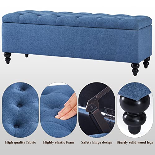 Image of Storage Ottoman 50.2 Inches Upholstered Fabric Storage Ottoman Bench,Button Tufted Ottoman with Storage for Living Room,Bedroom End of Bed Bench Withstands 302lbs (Blue)