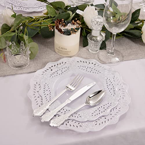Bucla 125Pcs Silver Plastic Plates With Disposable Cutlery- White And Silver Plastic Dinnerware Include 25 Silver Dinner Plates, 25 Silver Dessert Plates, 25 Knives, 25 Forks, 25 Spoons For Christmas #TOP3