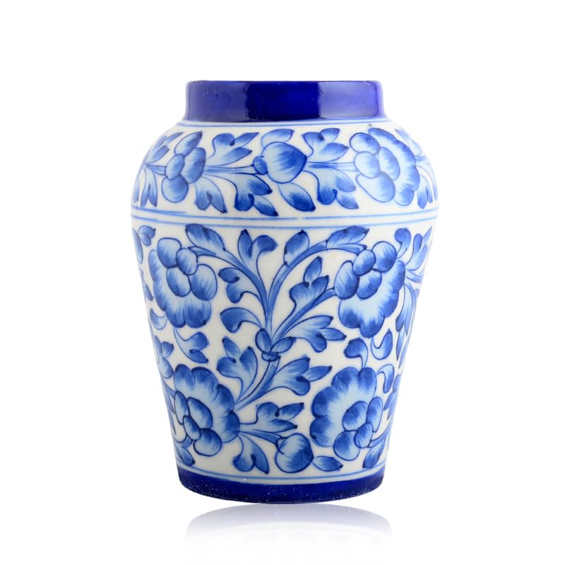 Natriel Blue Pottery Handi Vase Artisan Crafted Vase Hand Made Hand Painted Luxury Craft for Home Improvement and Décor Festive Decor Blue Color Classic Leaf Design
