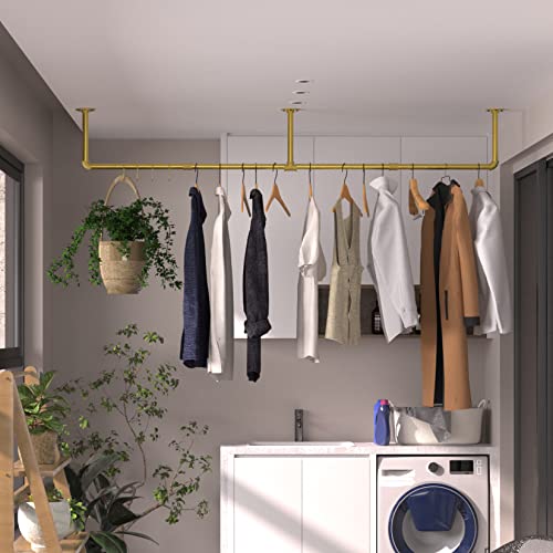unho Kleiderstange zur Wandmontage, Industrieller Stil Rohr-Kleidergestell an der Wand befestigte, Wandgarderoben für Schlafzimmer Wohnzimmer(3 Basen), Gold