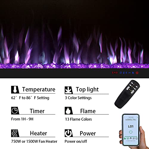 Masarflame 54 Inch Wifi Smart Electric Fireplace, Recessed And Wall Mount Fireplace Heater With 13 Flame &3 Top Light, Remote Control Fireplace With Timer &Thermostat, Black, Ventless, Work With Alex #TOP4