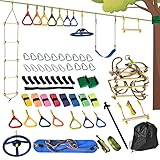 Outsunny Ninja Slackline Set 13 m hängende Hindernisse für 3-14 Jahre Kinder Schwingen Ninja Kinder Klettertraining Seil mit Ringe Holzleiter Schaukel Outdoor Polyester Holz Mehrfarbig
