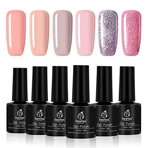 Beetles Gel Nail Polish Set, Peachy Coral Gel Polish Kit, Pink Purple Glitter Nail Polish High Shine Glossy Gel Long Lasting Soak OFF LED Gel, 7.3ml Each Bottle