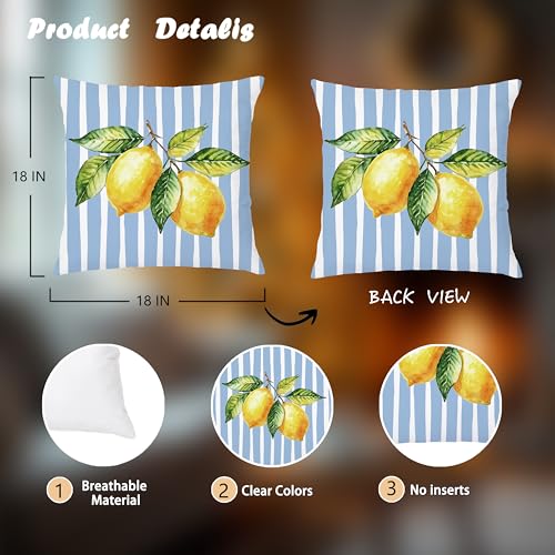 Image of Blue and Yellow Lemon Pillow Cover Summer Italian Mediterranean Amalfi Coast Decor 18x18,Italian Striped Decorative Throw Pillow Cover Decor for Couch Double-Sided Set of 2
