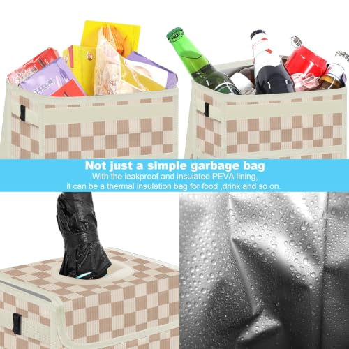 Image of Femuar Leak Proof Car Trash Can with Lid, Collapsible Hanging Waterproof Car Trash Bag with Mesh Pocket for SUV Front Seat Headrest, Large /Beige Brown Plaid
