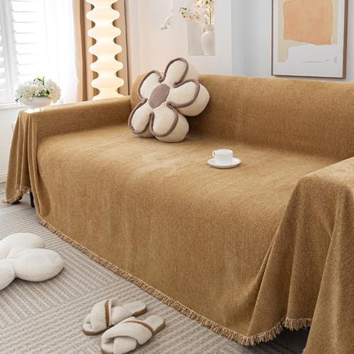 Housse de canapé en chenille chevrons vert olive jeté de lit à pompons pour salon chaleureux
