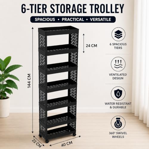 Image of 6-Layer Plastic Kitchen Storage Trolley Rack with Caster Wheels, Rolling Utility Cart with Slide-Out Shelves, Home Organizer for Kitchen, Bathroom, Office| Black (1 Pcs, 6 Layer)