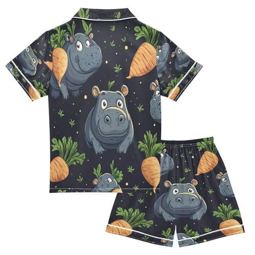 Satin Pajama Sets Short Sleeve Cute Cartoon Hippo with Carrots Button Down Silky Nightwear 2 Piece PJS 5-14Y2