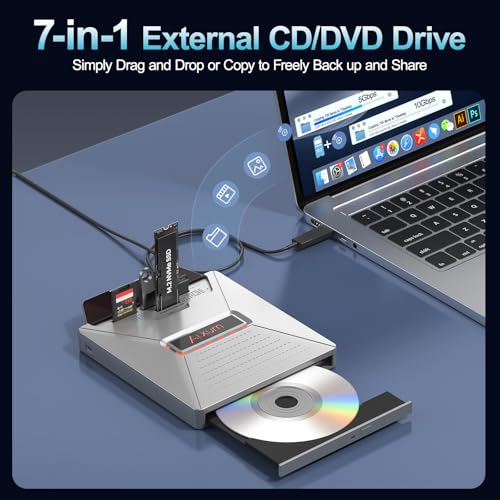 Image of Alxum External CD DVD Drive for Laptop, 7 in 1 Disc Player Burner with M.2