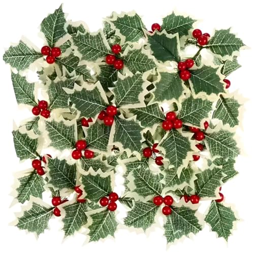 UZEXYO 30 Pcs Artificial Holly Berries with Variegated Holly Leaves Picks for Christmas Decorations Wreath Garland Making and Festive Crafts