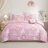 HollyHOME Pink Unicorn Kids Full/Queen Comforter Set for Girls, 3 Pieces Bed in a Bag Cartoon Unicorn and Rainbow, Print Bedding Set Soft Microfiber Bedding, All Season Room Decor for Teens