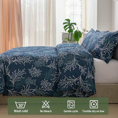 Image of Lekesky Reversible Duvet Cover Queen Size, Navy Blue Branch Comforter Cover Queen 3pcs Microfiber Botanical Bedding Set with Zipper Closure Corner Ties