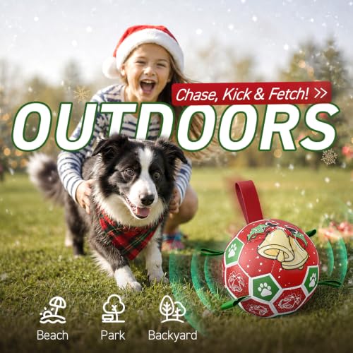 Image of QDAN Christmas Dog Balls with Straps, Squeaky Dog Toys for Indoor Outdoor Playing, Puppy Birthday Gifts, Pet Toy Ball, Durable Herding Balls for Dogs (8 Inch)