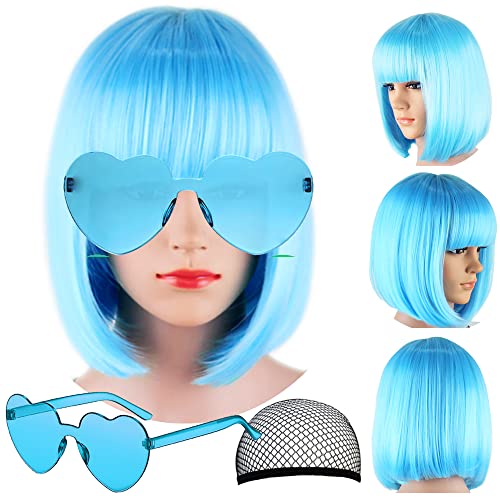 Image of LIULIUBTY Short Bob Hair Wigs Straight with Flat Bangs Synthetic Colorful Cosplay Daily Party Neon Wig for Women + Free Wig Cap 15 inch Natural As Real