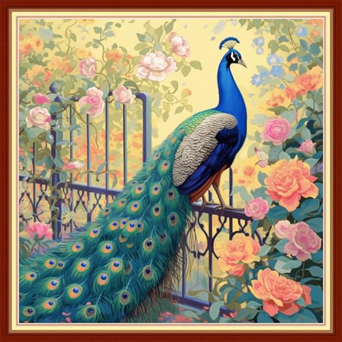 Image of Artvxeay Stamped Cross Stitch Kits - Embroidery Kits for Beginners Cross Stitch Kits for Adults 11 CT Printed Patterns Needlepoint Kits - Blue Peafowl 18x18 inch