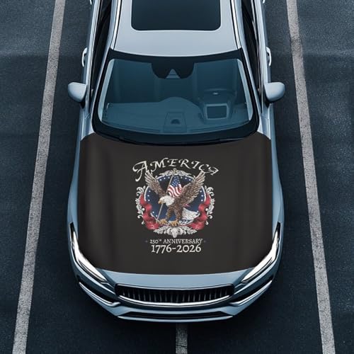 Image of Qiyupavt USA 250th Birthday and Bald Eagle Car Hood Cover Stretch Fabric Car Hood Protector Removable Car Hood Accessories Suitable Most Automotive Sedans Pickup Trucks