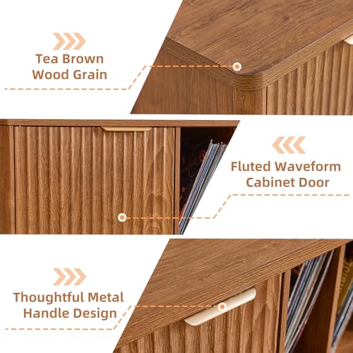 Image of LEYAOYAO Large Record Player Stand with Vinyl Storage Up to 450 Albums, Wood Fluted Boho Record Storage Accent Cabinet, Modern Stereo Media Cabinets, Wide Turntable Stand for Living Room, Tea Brown