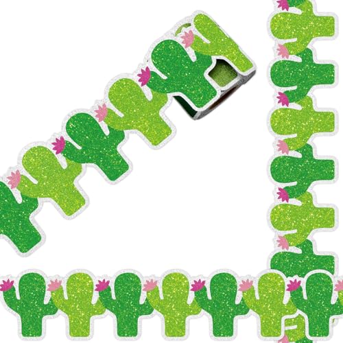 Whaline 32.8ft Summer Cactus Bulletin Board Border Glitter Green Pink Cactus Flower Die-Cut Border Trim for Chalkboard Wall Decoration