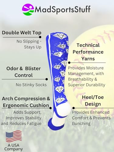 Image of MadSportsStuff Softball Socks with Diamonds for Girls Women Kids Youth Adult Over the Calf Soccer