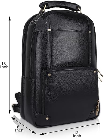 LV Full Grain Natural Leather Laptop Backpack For Men And Women Office And College 17 Inch Backpack Bag, Black, M, Backpacks