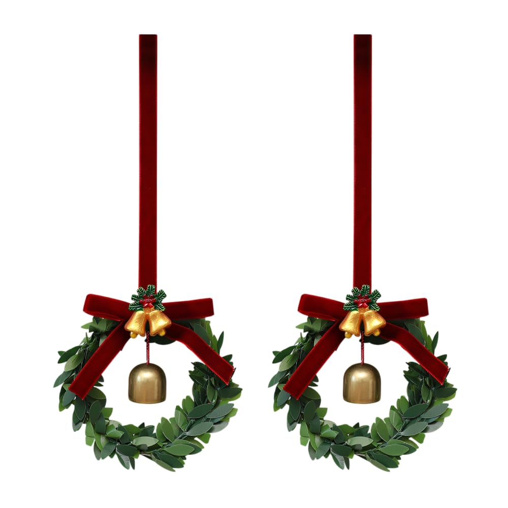 Dongker Color 2 Christmas Bow Bell Wreath,2Pcs Hanging Pine Cone With Red Bow Wreath For Kitchen Front Door Xmas Holiday Indoor Home Decor