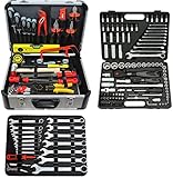 FAMEX 722-46 Alu Werkzeugkoffer gefüllt mit Werkzeug und Steckschlüsselsatz | Werkzeugkiste bestückt | Werkzeugkasten Ratschenkasten