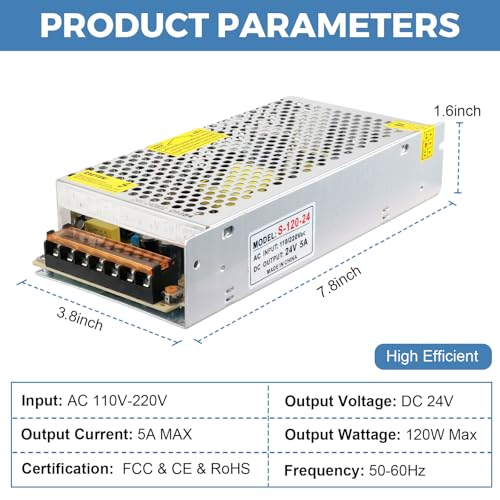 Image of 24V 5A 120W Power Supply AC /DC Adapter Universal Regulated Switching AC 110-220V to DC 24 Volt 5 Amp Converter Transformer LED Driver for LED Strip Light CCTV Camera