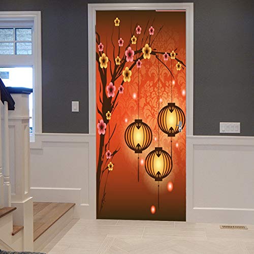 A.Monamour Sticker Porte Autocollant Poster de Porte 3D Lanterne Traditionnelles Du Festival Du Printemps Chinois Sur Branche Vinyle Affiche de Porte Sticker Mural Papier Peint Art Décor 90 x 200 cm
