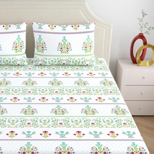 Image of Home Ecstasy 100% Cotton King Fitted Bedsheet with 2 Pillow Covers - (Size 72 x 78 inches, 140 TC, Colour - Green)
