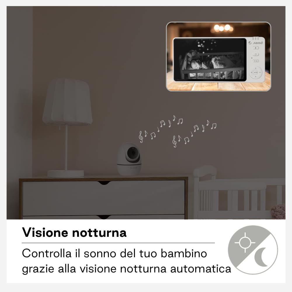 Jané Eye Pro Baby Monitor, Baby Monitor con Telecamera Rotante, Inclinazione Motorizzata, Display da 5”, Audio Bidirezionale, Visione Notturna, con Musica, Basso Consumo