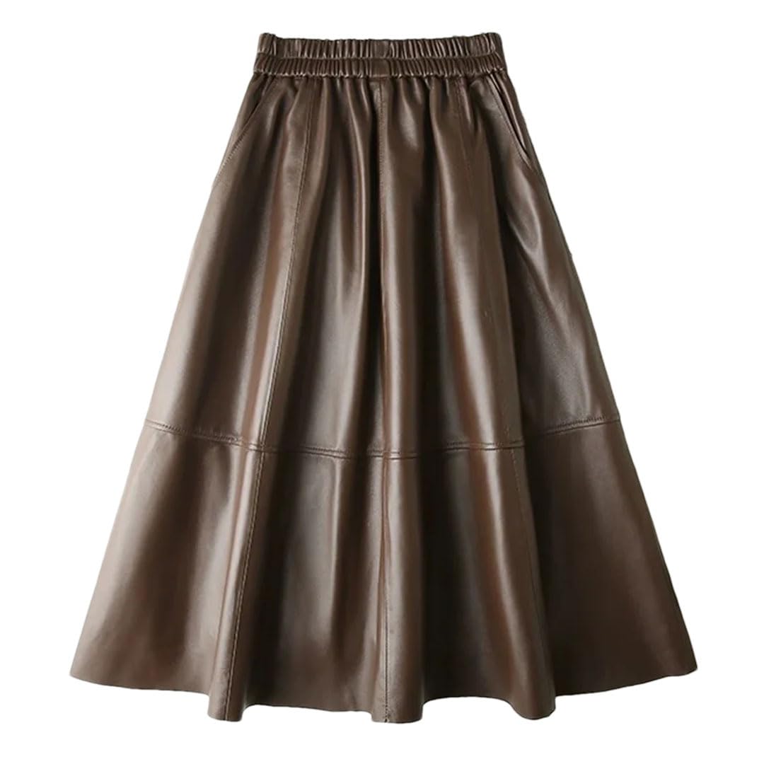 Lederrock für Damen, Harajuku-Stil, A-Linie, Taschen, plissiert, Wade, lang, elastische Taille, kurzer Rock