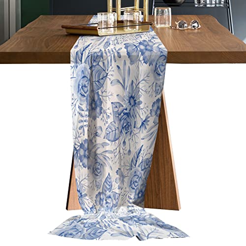 TweetyBed Chiffon Table Runner Floral Pattern Blue and White Porcelain