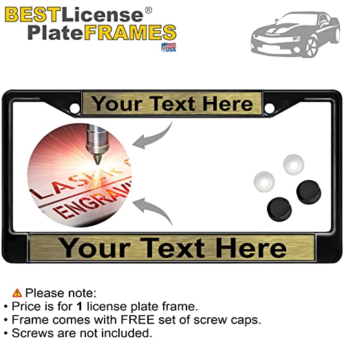 Image of Custom Personalized Black Powder-Coated Metal Laser Engraved Standard Size - Car /Automobile License Plate Frame with Free caps - Gold /Black Text (Qty: 1 Frame)