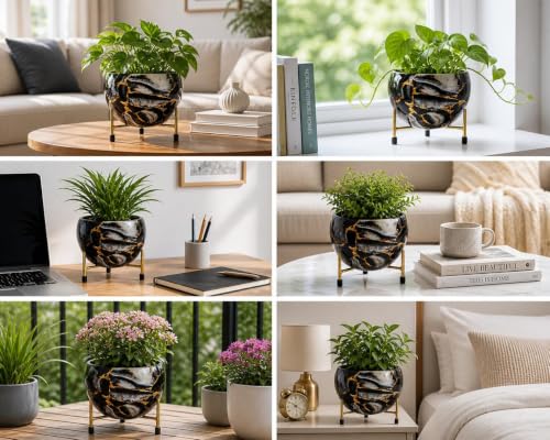 Image of Metal Flower Vase Planter with Iron Stand | Black Marble Print Decorative Indoor Plant Pot for Home Decor | Ideal for Succulents & Small Plants | 6x6x6 Inches | Sunlit Symphony Design