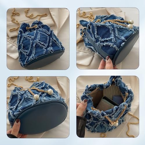 Image of Denim Bucket Bag, Denim Purses for Women, Drawstring Jean Crossbody Shoulder Purse Hobo Bag, for Commuting, Shopping, Dating
