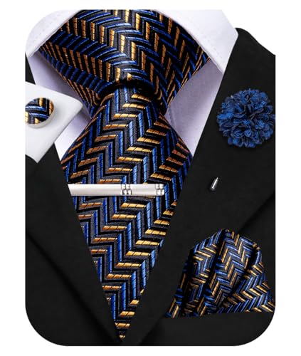 Image of Hi-Tie Formal Dark Blue Gold Ties for Men Classic Woven Neckties and Pocket Square Lapel Pin Silver Tie Clip Cufflinks Set Wedding Business 6PCS