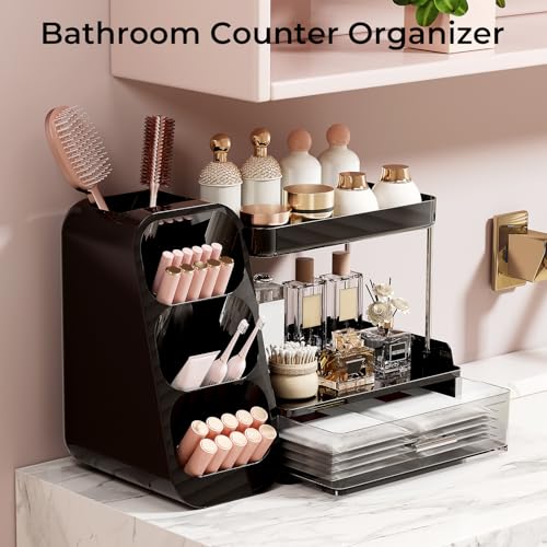 Image of UFORU Makeup Organizer for Vanity with Brush Holder, 2 Tiers Countertop Skincare, Cologne Organizer and Perfume Stand for Men Bathroom Vanity, Large Capacity Makeup Storage, Black