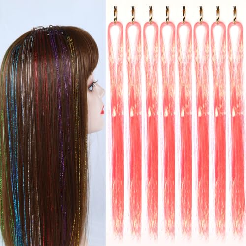 Hair Tinsel Extensions Light Orange 44 Inch Glitter Tinsel Hair Kit Sparkling Fairy Hair Accessories for Women Kids Girls 8 Pcs 200 Strands/Pcs