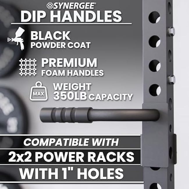 Synergee Dip Station Set of 2 Dip Bar Attachments for Power Racks. Compatible with 2x2 Tube Racks with 1 Holes. Max Capacity 350lbs.