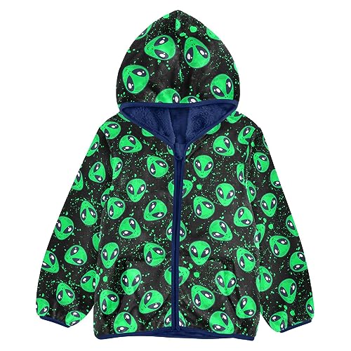 Green Alien Boys Fleece Hoody Jacket Zip Up Coat Warm Fall Winter Plush Jacket Long Sleeve Outerwear